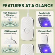 Verdella Mini feature overview showing USB power, vibration, purple light, and compact body