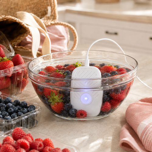 Verdella Mini operating in a clear bowl of fresh berries