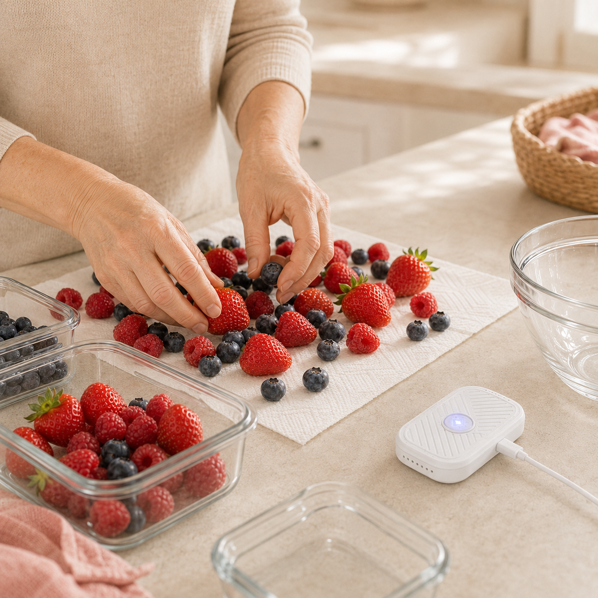 Fresh berries drying after a Verdella wash routine