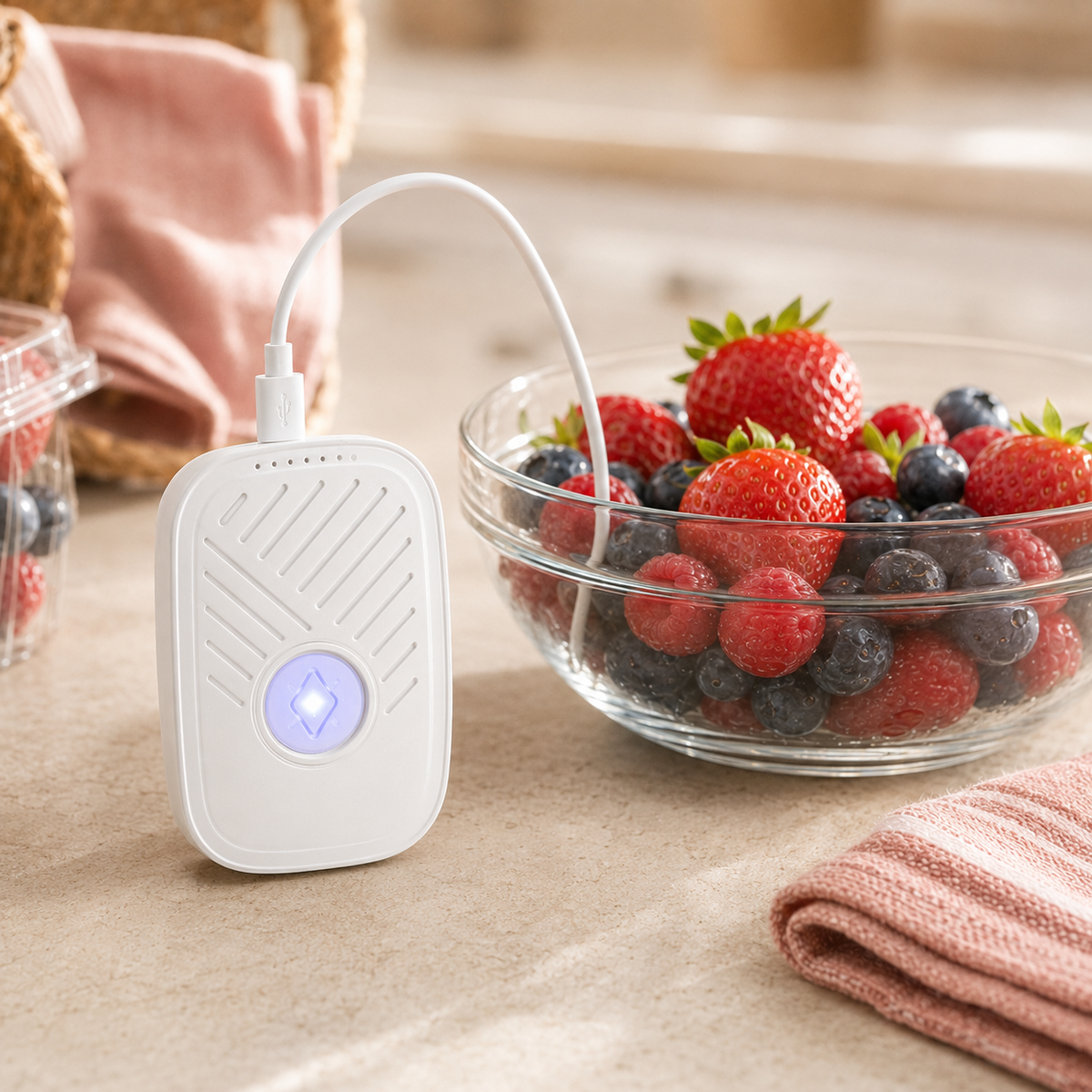 Verdella Mini and USB cable beside a bowl of berries